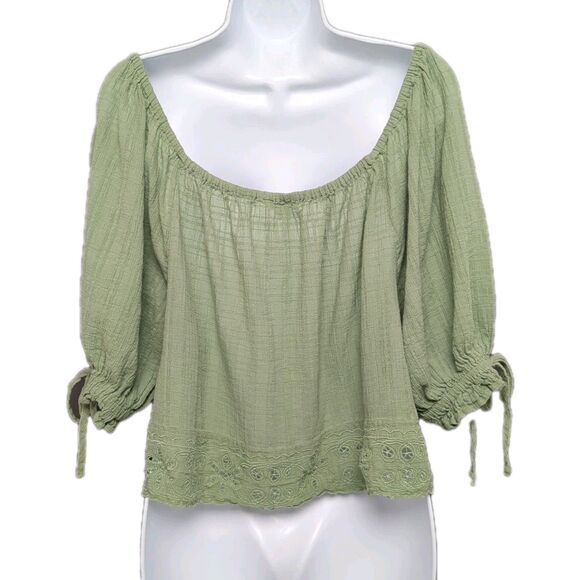 American Eagle Wide Neck Puff-Sleeve Olive Green Eyelet Puff-Sleeve Blouse Large - Picture 8 of 9